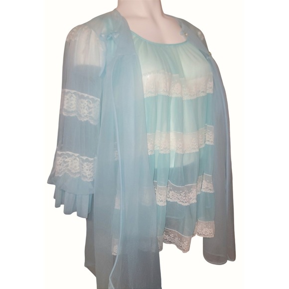 Miss Elaine 1960s Chic Blue Chiffon Lace Short Nightie w Sheer Robe 3/4 slv S/M - Picture 6 of 16